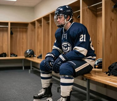 A focused collegiate hockey player in deep blue and off-white gear sitting on a locker room bench, North American / US Southern campus facility, modern lighting, athletic excellence mood.
