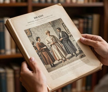 A close-up photography of a person's hands holding an antique Brazilian art catalog in a sunlit, elegant archive. The lighting is warm and natural, highlighting the texture of the old paper and the refined atmosphere of a South American cultural library. Palette colors: cream and warm grey.