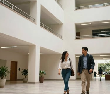 A wide angle shot of two South American educators walking through a modern university hall with off-white walls and sophisticated minimalist decor.