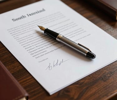 A close-up photograph of a luxury fountain pen resting on a signed legal contract, placed on a dark wood desk in a sophisticated South American law office. The lighting is soft and natural, emphasizing the professional and reliable atmosphere.