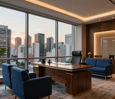 A professional wide shot of a modern law office in a major South American city. Large windows show a Brazilian urban skyline at sunset. The interior features deep blue and slate blue furniture, a large polished wooden desk, and warm lighting that highlights gold accents. The atmosphere is sophisticated and professional.