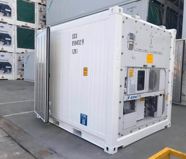 A white 10ft refrigerated shipping container for cold storage and temperature controlled transport.