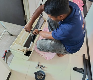 Professional installation of a new, energy-efficient split-system aircon condenser on a certified st