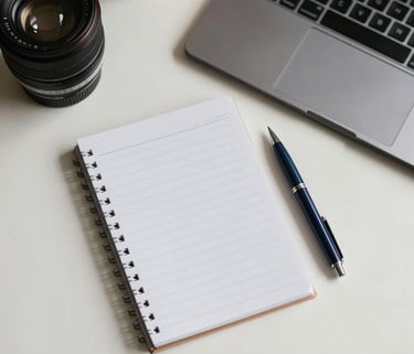 A top-down professional photography shot of an organized North American workspace with a clean notepad, a navy blue pen, and a high-quality laptop on an off-white desk. The lighting is soft and calm.