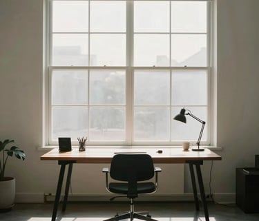 A photograph of a minimalist home office in North America, featuring a large window with soft sunlight, a simple desk, and no tech clutter, emphasizing safety and peace.
