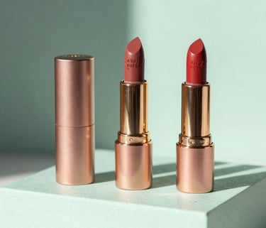 Three elegant lipsticks in matte and glossy finishes, displayed on a clean mint green pedestal. The photography is sharp, professional, and uses soft, natural lighting, highlighting the luxurious rose-gold packaging.