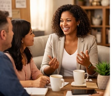 Smiling advisor consulting a couple during an informal business meeting at a home office.