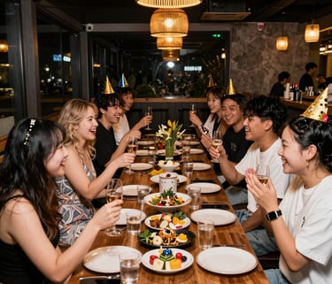 A group of friends celebrating a birthday party with drinks and food at a modern restaurant table.