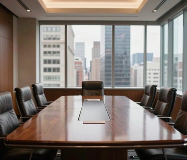 Interior of a prestigious North American boardroom with large windows overlooking a city, mahogany table, leather chairs, very professional and authoritative.