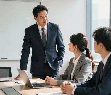 A professional North American mentorship scene where an experienced leader in a dark navy suit is talking to a young professional in a modern, sunlit corporate boardroom. Lighting is crisp and clean, reflecting a distinguished and authoritative mood.