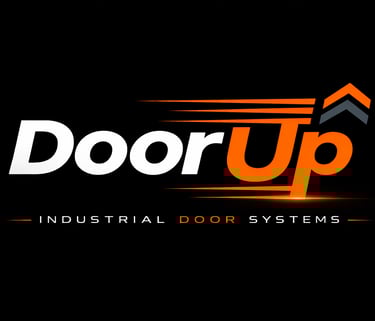 DoorUp Industrial Door Systems logo featuring modern orange and white typography on a black background.