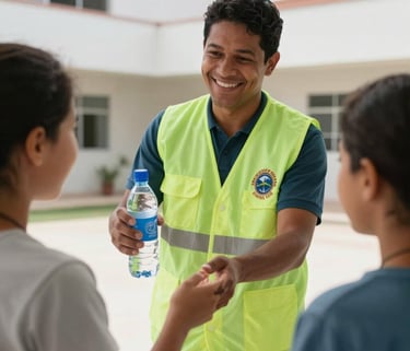 A South American / Brazilian volunteer wearing a seafoam green vest, smiling warmly while offering a bottle of water to a patient in a bright hospital courtyard, professional photography, natural lighting.