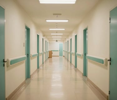 A wide-angle shot of a clean, bright hospital corridor in Brazil with warm lighting and decorative teal panels on the walls. The atmosphere is calm and inviting.