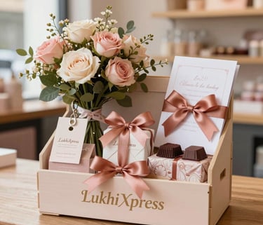 A high-end, detailed product photograph of a premium LukhiXpress handcrafted gift hamper. It features elegant customized keychains, a handmade floral bouquet with delicate roses, custom-wrapped chocolates, and sophisticated greeting cards tied with a luxurious terracotta pink satin ribbon. The scene is shot in a warm boutique interior under soft natural light, reflecting a cozy Pinterest aesthetic. Soft pastels and warm wooden tones create an inviting, artisanal, and highly sophisticated atmosphere. Real-world photography, 8k resolution.
