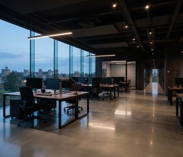 After janitorial staff wiping down desks and sanitizing a modern office workspace.