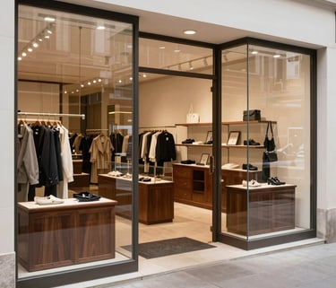 Clean and inviting retail storefront with spotless glass windows and polished floors, representing o