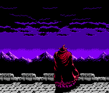 Ninja Gaiden II: The Dark figure in a red cloak overlooking mountains under a purple twilight sky.