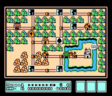 Super Mario Bros 3 world map featuring pixel art levels, icons, and classic NES gameplay graphics.