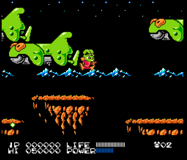 Classic 8-bit Bucky O'Hare NES gameplay featuring pixel art space combat and platforming levels.