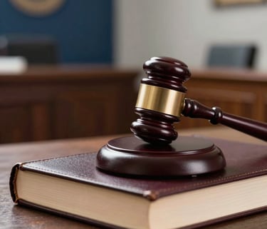 A close-up photograph of a classic wooden gavel resting on a leather-bound law book in a sunlit North American courtroom. The background is a soft-focus view of dark blue and light gray interior architecture, conveying a sense of integrity and authority.
