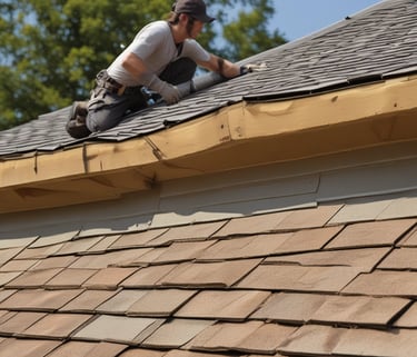 A roofing professional inspecting a residential roof on a sunny day.