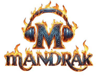 the logo of mandrak as capital letter M with headphones all on fire