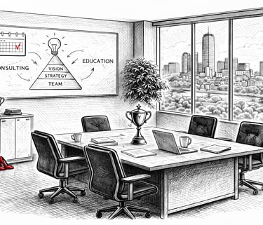 Pencil sketch of a modern office conference room with a business strategy whiteboard and city skyline view.