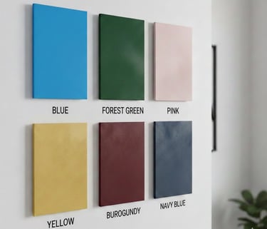 Six textured colorful leather swatches mounted on a white wall for interior design inspiration.