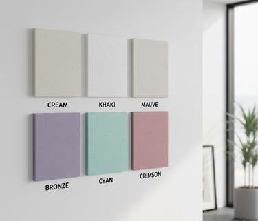 Minimalist wall display of six textured rectangular color swatches in cream, khaki, mauve, bronze, cyan, and crimson.
