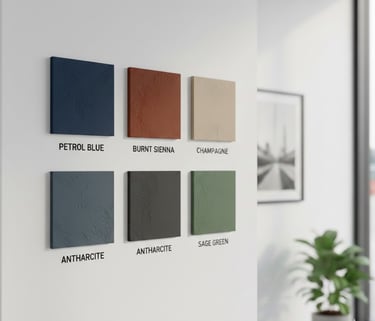 Modern textured interior wall paint color samples including Petrol Blue, Burnt Sienna, and Sage Green.
