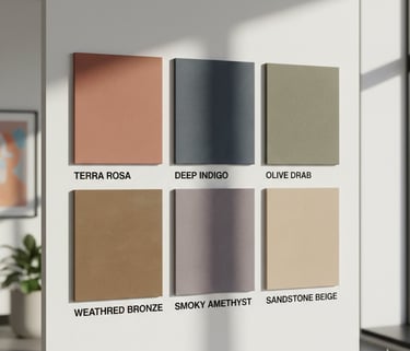 Interior design color palette display featuring six matte texture wall paint swatches in earthy tones.