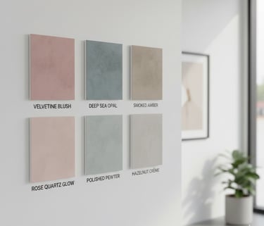 Six textured interior paint swatches labeled Velvetine Blush and Deep Sea Opal on a modern white wall.