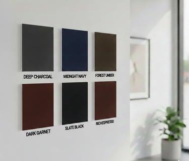 Six dark interior paint color swatches on a white wall in a modern room.