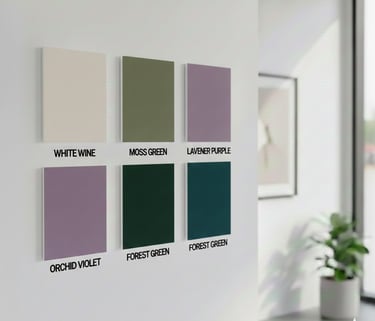 Minimalist interior wall featuring six square paint color swatches in green, purple, and cream tones.
