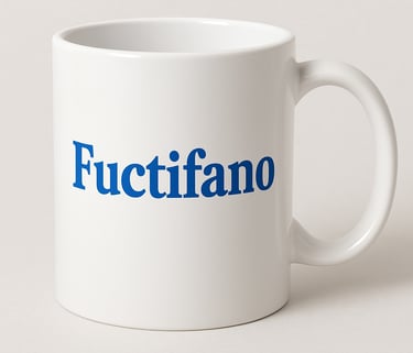 White coffee mug with the word Fuctifano, in blue letters, across the mug.