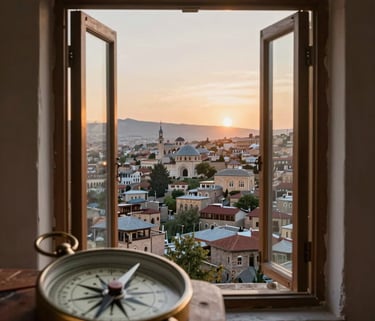 A high-quality photo of an open window looking out over a historic Anatolian city landscape at sunrise, symbolizing enlightenment, blurred foreground with an old math compass.