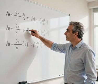 A professional Middle Eastern / Anatolian male teacher pointing at a complex mathematical equation on a clean white board in a modern sunlit classroom with off white and ghost white tones, soft professional lighting.