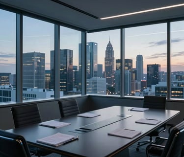 A high-end Global Business / Corporate boardroom with floor-to-ceiling windows overlooking a modern city skyline at dusk. The room is filled with dark navy and slate blue tones, emphasizing a professional, forward-thinking environment.