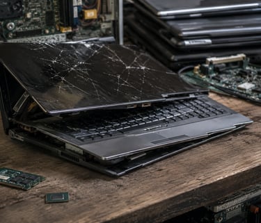 Broken laptop with cracked screen on a wooden workbench for computer repair.
