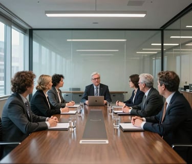 A wide-angle professional photograph of a board of directors meeting in a sleek glass-walled conference room in Indianapolis, Indiana, North American business style.