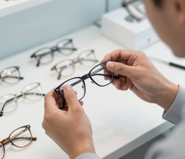 A professional optician in a clean, modern North American clinic in Indiana, meticulously adjusting the frames of high-quality eyeglasses with professional precision tools. The setting is bright and well-lit with soft natural light, featuring hints of light blue-grey and white.