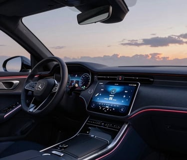 A professional wide shot of a luxury car interior at twilight, highlighting the glowing digital center console in Deep Navy and Soft Cloud lighting.
