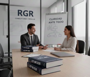 Consultores fiscales analizando Ley del ISR 2026 y disposiciones de IVA en sesión de trabajo.