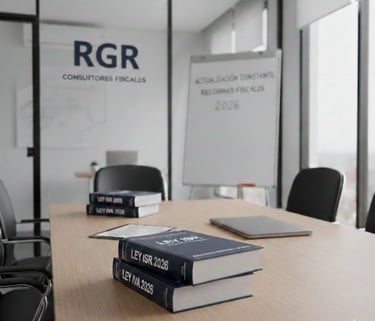 Mesa de reunión viendo Ley del ISR y Ley del IVA en oficina de RGR Consultores Fisca