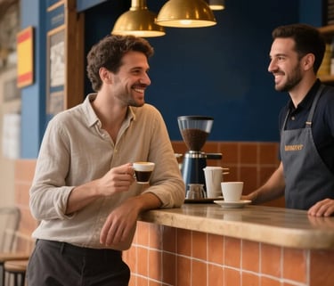 Two men smiling and talking at a cafe counter, representing friendly Spanish conversation