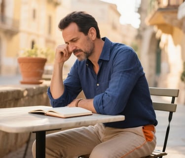 Man at table with book, looking frustrated, showing challenge of learning Spanish