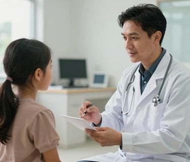 A warm photograph of a Southeast Asian doctor explaining health results to a mother and child in a bright, modern clinic, conveying a sense of trust and care.