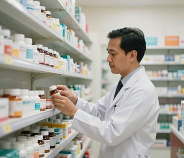 Interior of a modern and clean Indonesian pharmacy. A professional Southeast Asian pharmacist in a white lab coat is organizing medicine bottles on neatly arranged white shelves. Bright, soft lighting with a warm and trustworthy atmosphere.