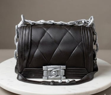 Torta 3D hiperrealista en forma de bolso negro con detalles plateados elaborada por Cocina con Ely, 