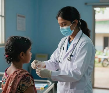 Professional documentary photography of a healthcare worker in a white lab coat providing care to a family at a clean medical clinic in a South Asian rural setting. Soft natural lighting, deep ocean blue and mist white accents.